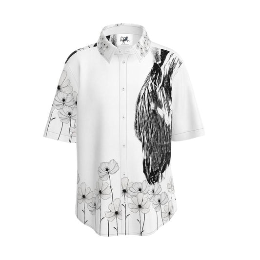 S00-11PL Unisex Button Up Shirt-Shirt Sleeve-Cotton-Linen-Horse Graphic