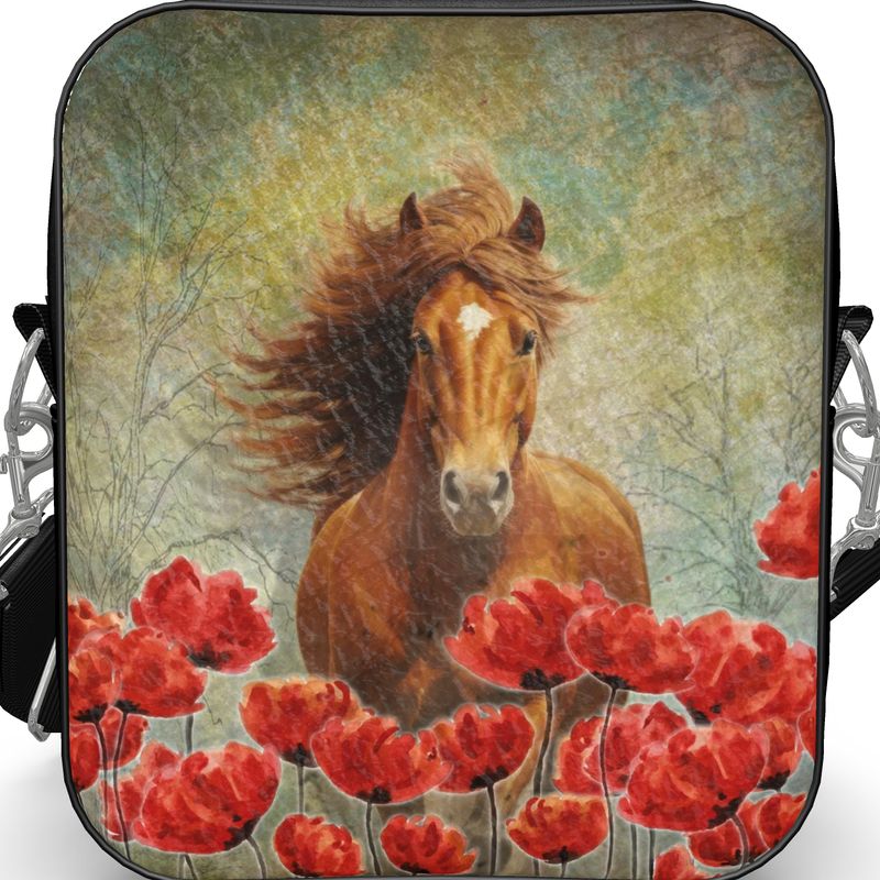 Handbag-Shoulder Bag-Top Zip-Chestnut Horse-Poppies-Green-Red