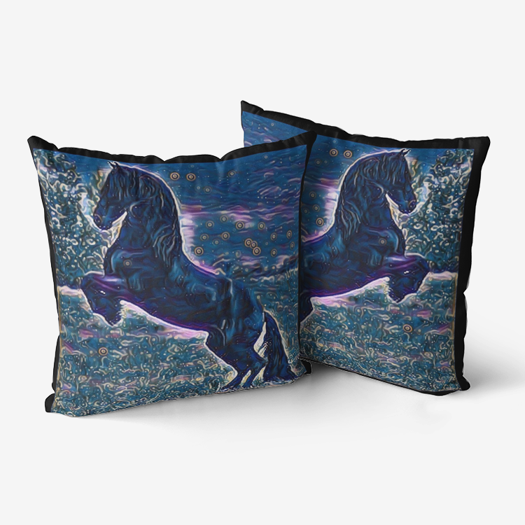 Pillow-Throw-Premium Hypoallergenic-Black Horse-Friesian-Navy Blue Black