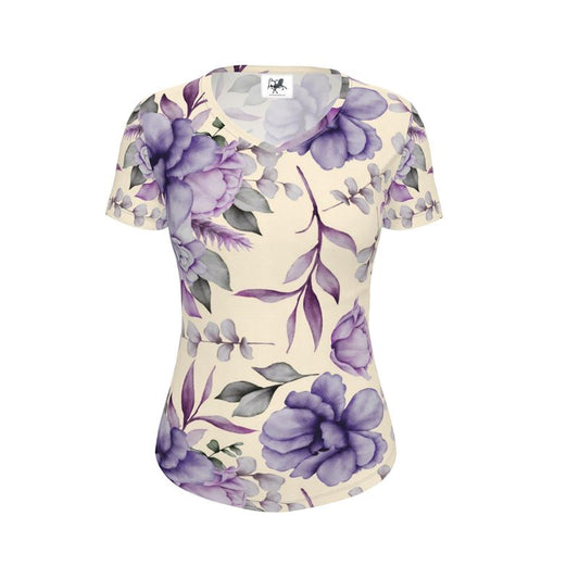 S5060 Womens T-Shirt-Short Sleeve-V-Neck-AOP-Cotton-Jersey-Floral-Flowers