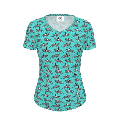 S2090 Womens T-Shirt-Horse-Short Sleeve-V-Neck-AOP-Graphic-Dressage-Aqua Blue
