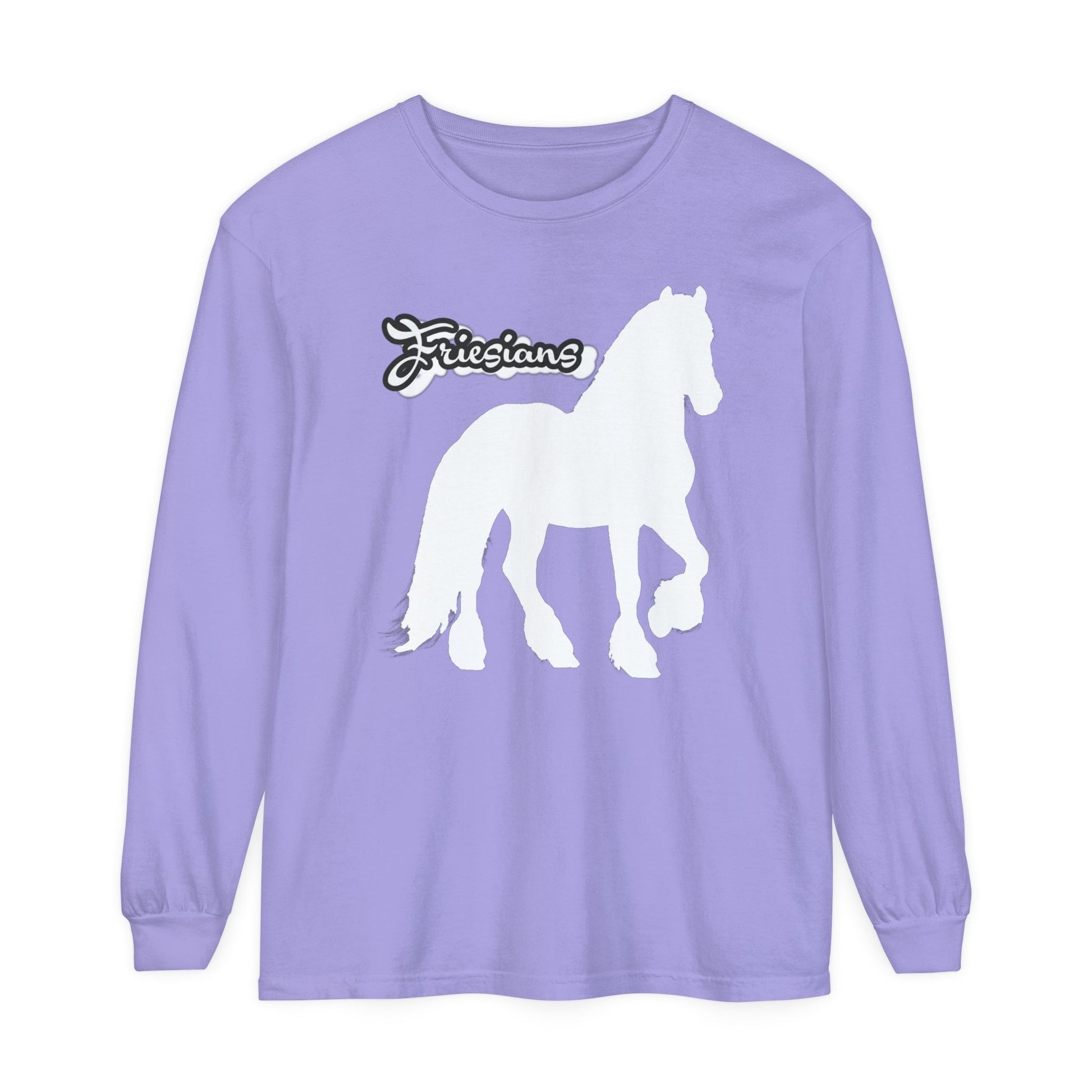 Unisex Horse T-Shirt-Garment-dyed-Long Sleeve-All Cotton-FRIESIANS - BrazenEmblazon