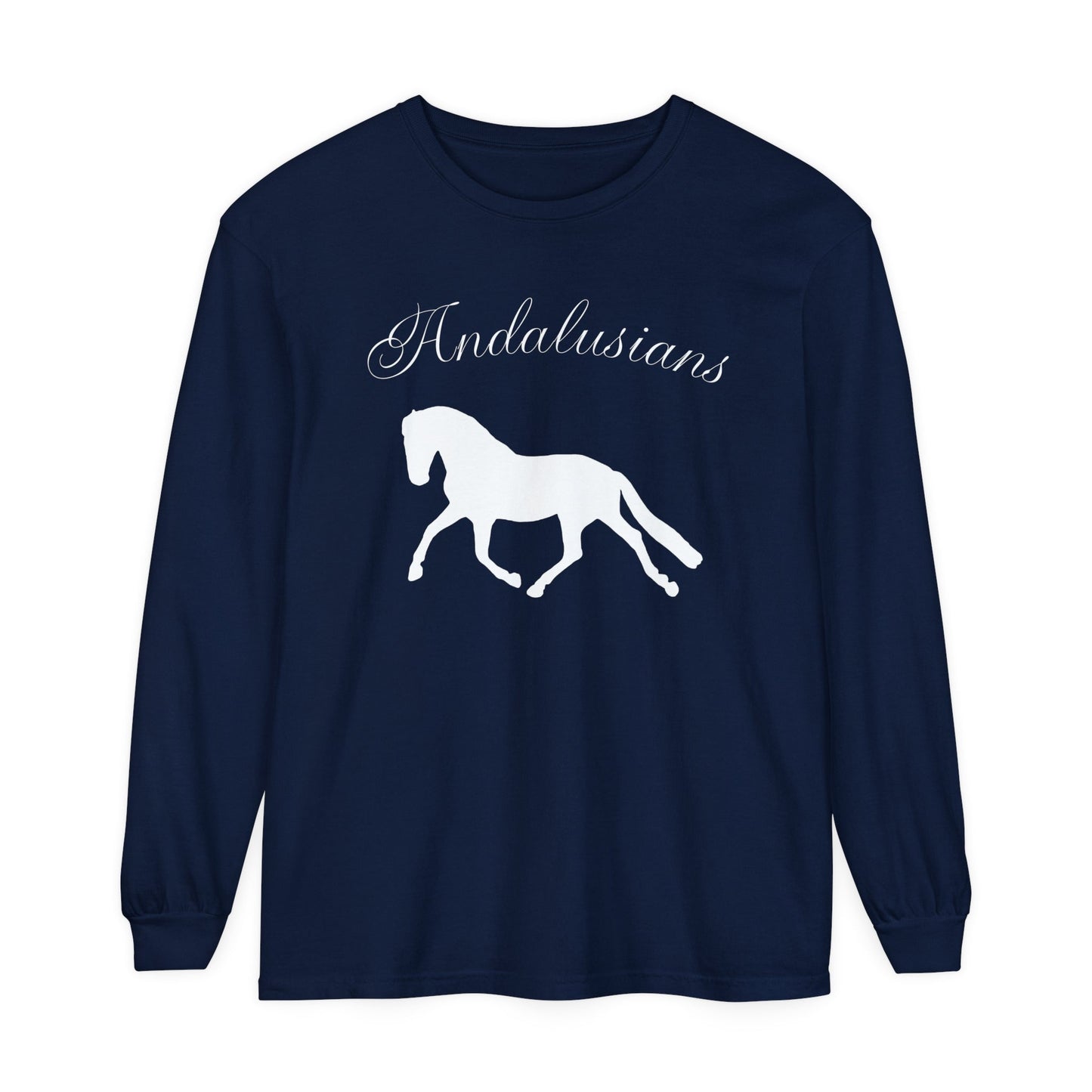 Unisex Horse T-Shirt-Garment-dyed-Long Sleeve-All Cotton-ANDALUSIANS - BrazenEmblazon