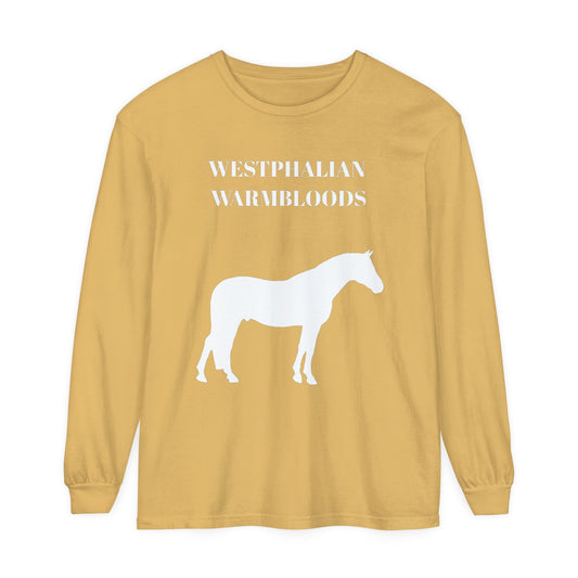 Unisex Horse T-Shirt-Garment-dyed-Long Sleeve-All Cotton-WESTPHALIAN WARMBLOOD HORSES - BrazenEmblazon