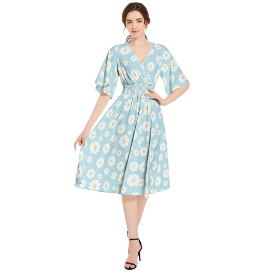 S2070 Dress-Midi-Butterfly Short Sleeve-Shirred High Waist-A Line -Daisy Floral Light Blue