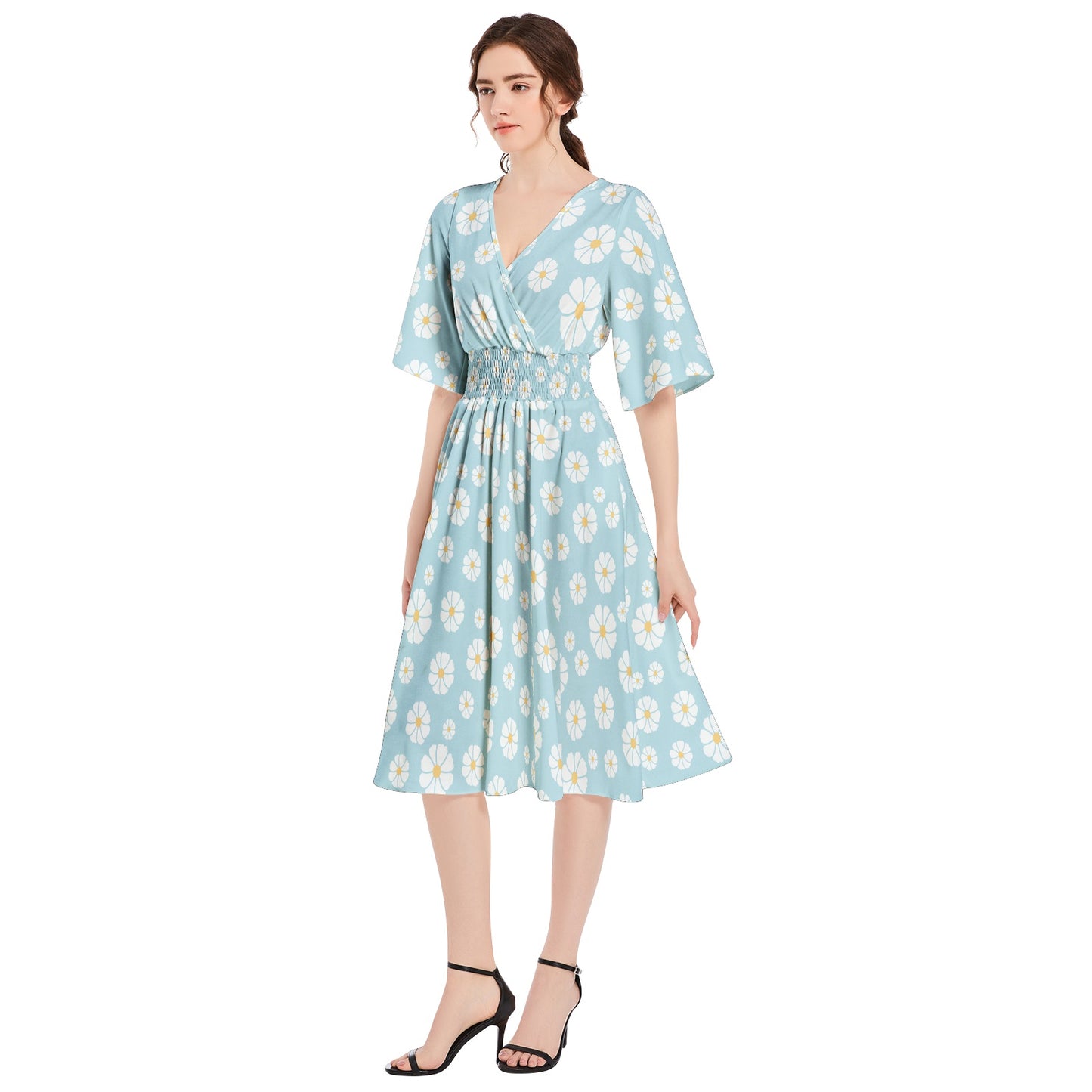 S2070 Dress-Midi-Butterfly Short Sleeve-Shirred High Waist-A Line -Daisy Floral Light Blue
