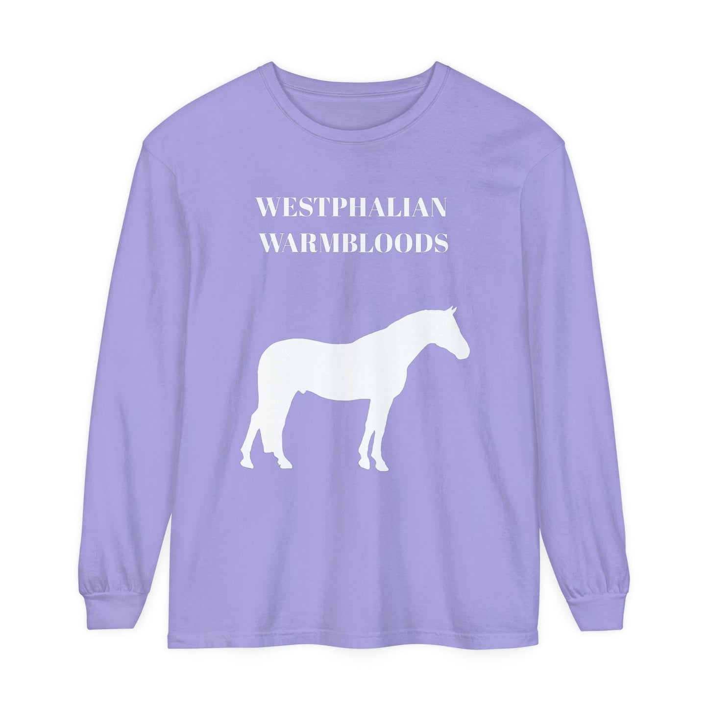 Unisex Horse T-Shirt-Garment-dyed-Long Sleeve-All Cotton-WESTPHALIAN WARMBLOOD HORSES - BrazenEmblazon