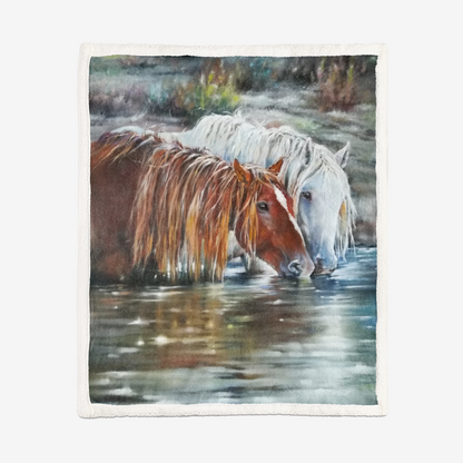 Double-Sided Super Soft Plush Blanket-Chestnut Horse-Gray Horse-River-Water