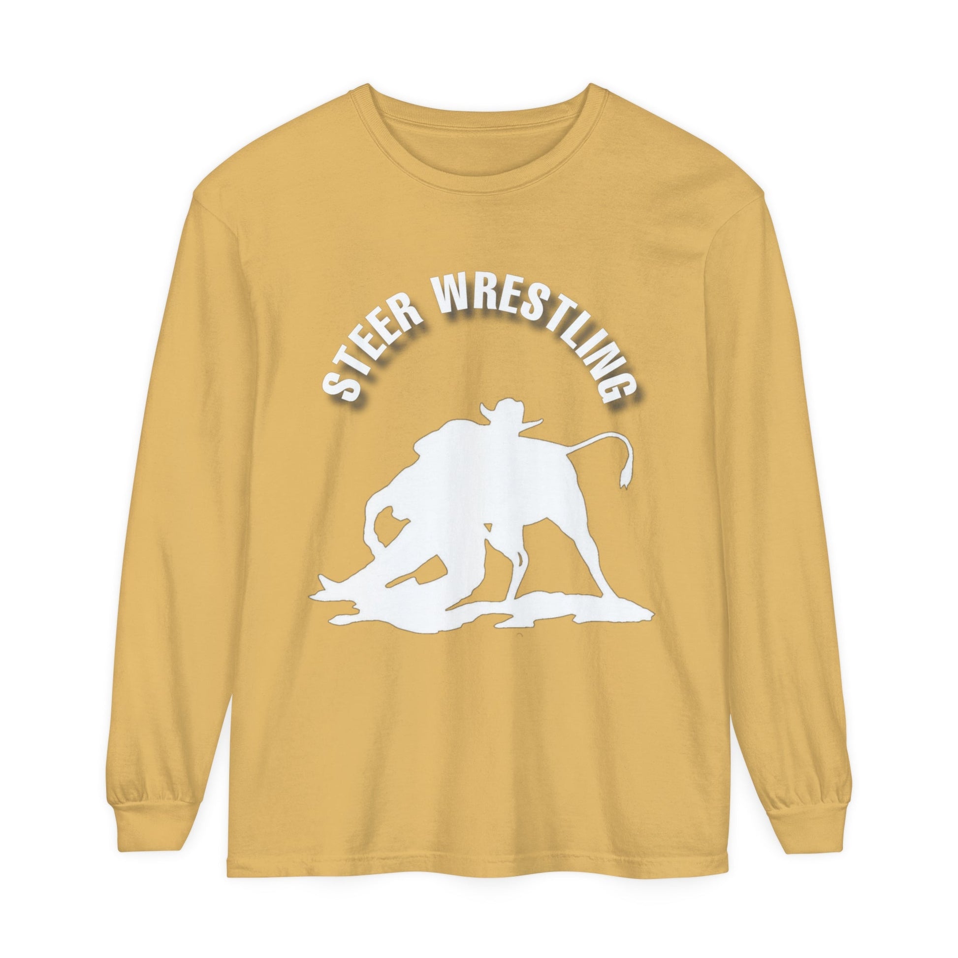 Unisex Horse T-Shirt-Garment-dyed-Long Sleeve-All Cotton-STEER WRESTLING - BrazenEmblazon