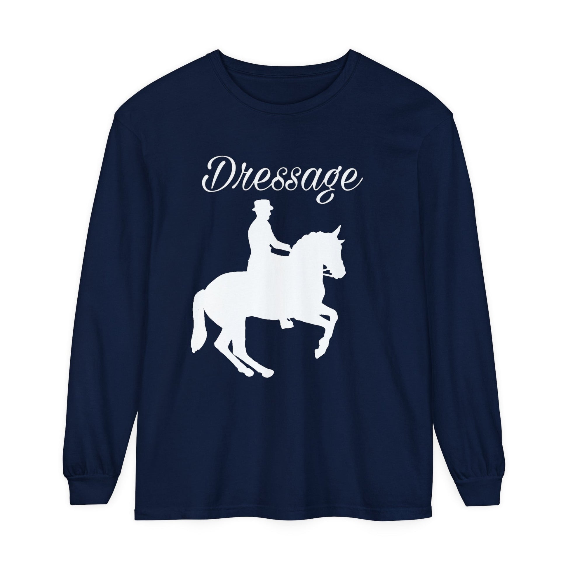 Unisex Horse T-Shirt-Garment-dyed-Long Sleeve-All Cotton-DRESSAGE - BrazenEmblazon