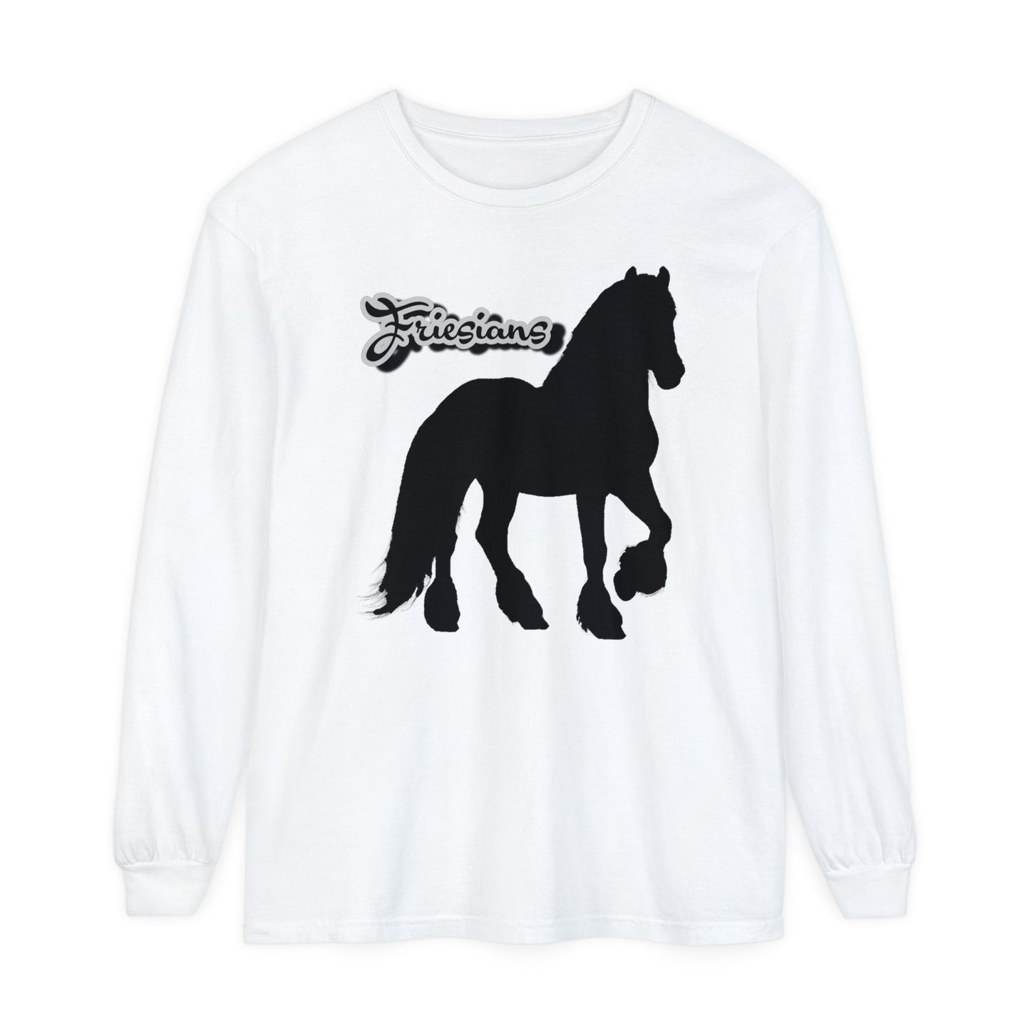 Unisex Horse T-Shirt-Garment-dyed-Long Sleeve-All Cotton-FRIESIANS - BrazenEmblazon