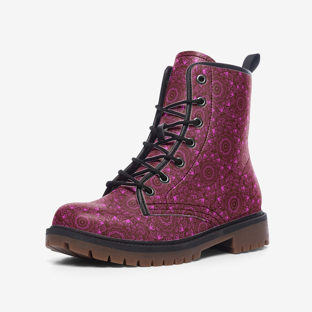 Boots-Lace Up-Casual-Faux Leather-Lightweight-Paisley-Deep Pink