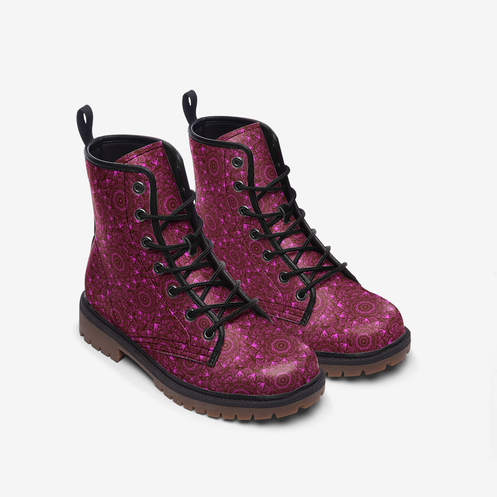 Boots-Lace Up-Casual-Faux Leather-Lightweight-Paisley-Deep Pink