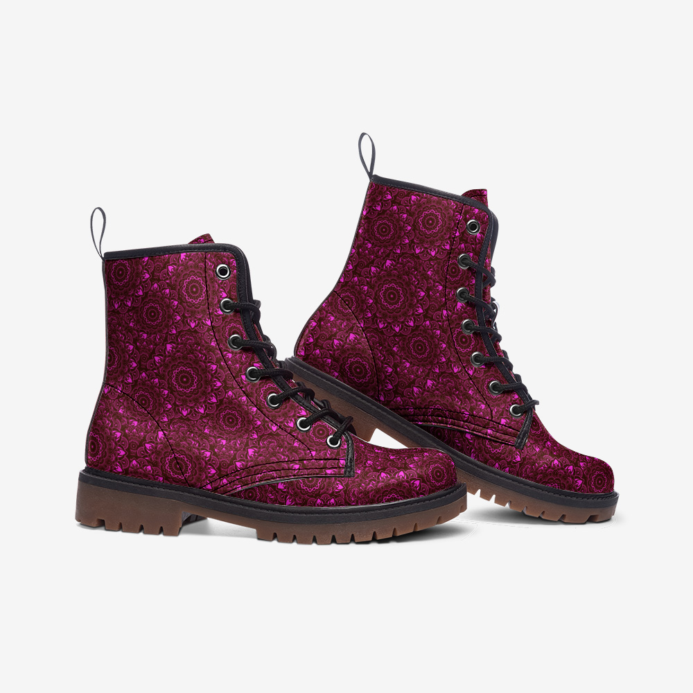 Boots-Lace Up-Casual-Faux Leather-Lightweight-Paisley-Deep Pink