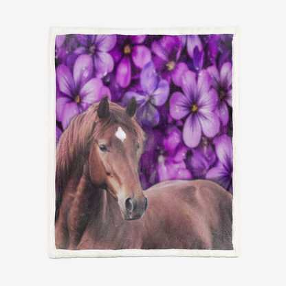 J4050 Double-Sided Super Soft Plush Blanket-Chestnut Horse-Pink Flowers
