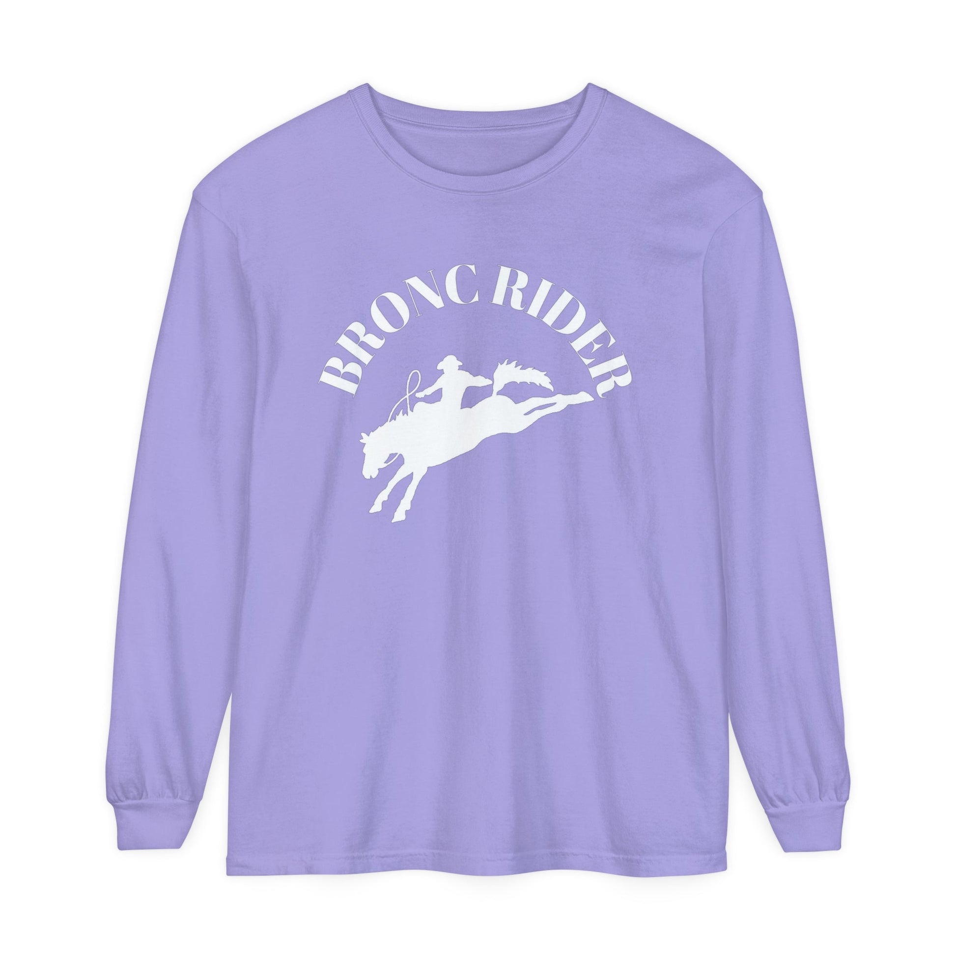 Unisex Horse T-Shirt-Garment-dyed-Long Sleeve-All Cotton-BRONC RIDER - BrazenEmblazon