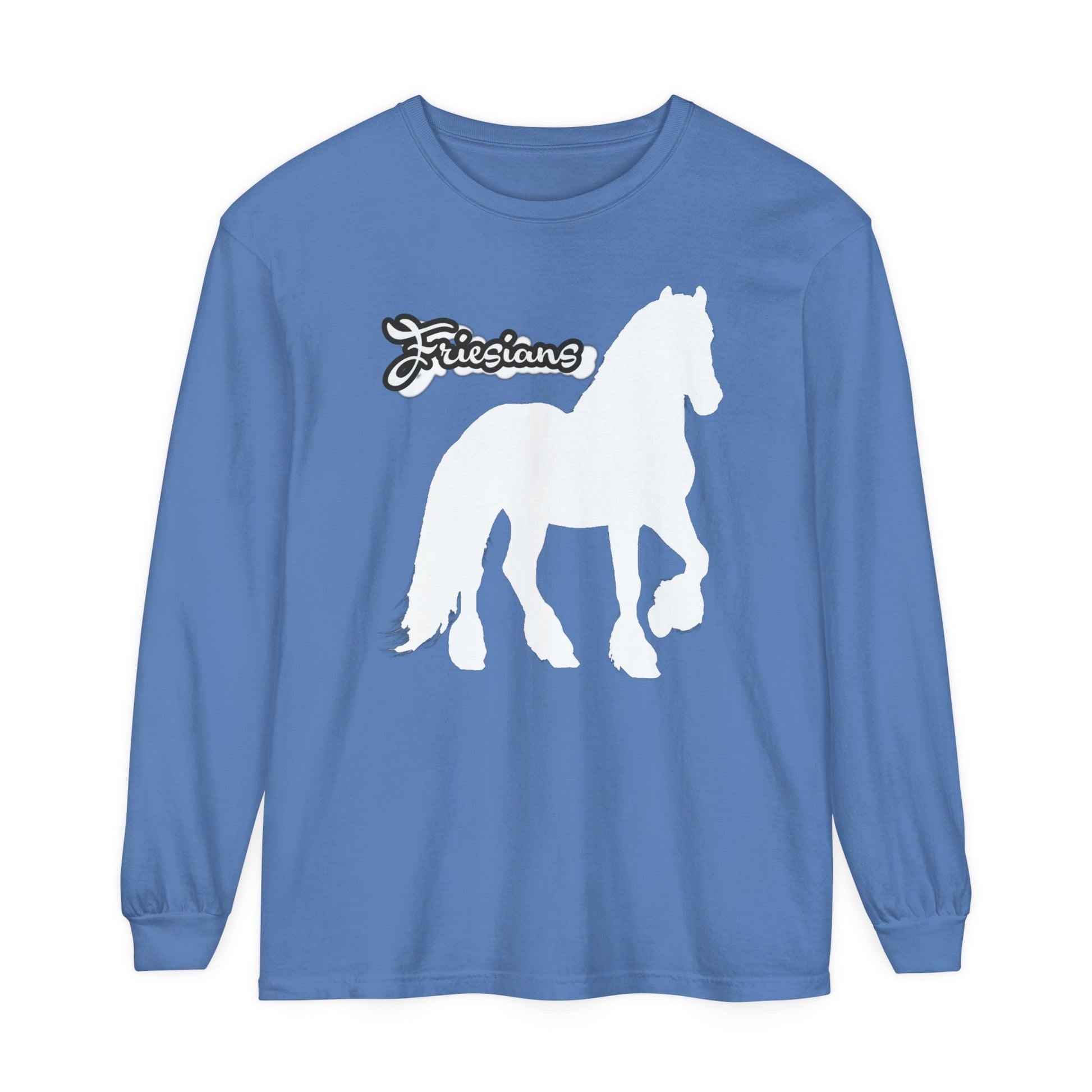 Unisex Horse T-Shirt-Garment-dyed-Long Sleeve-All Cotton-FRIESIANS - BrazenEmblazon