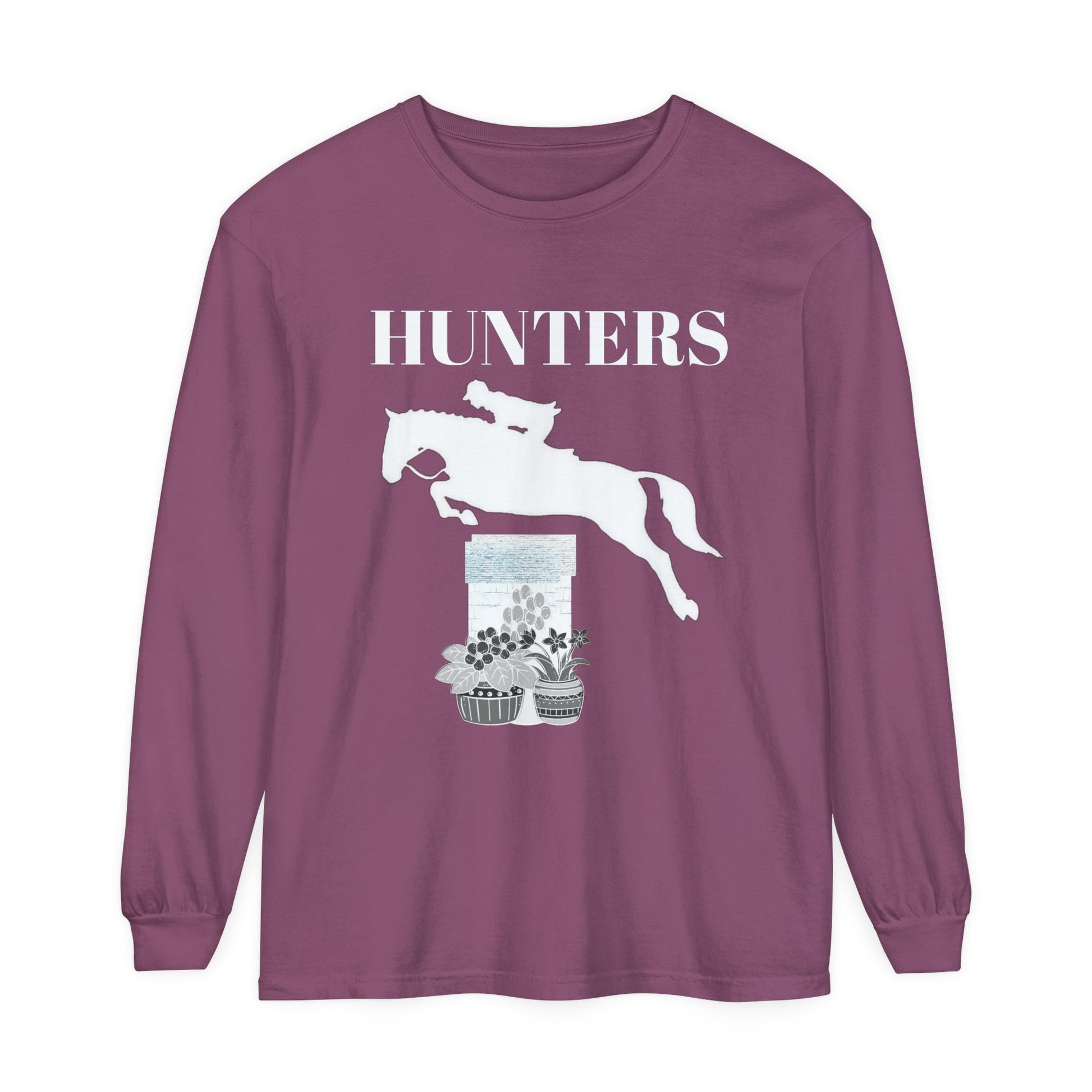 Unisex Horse T-Shirt-Garment-dyed-Long Sleeve-All Cotton-HUNTERS - BrazenEmblazon