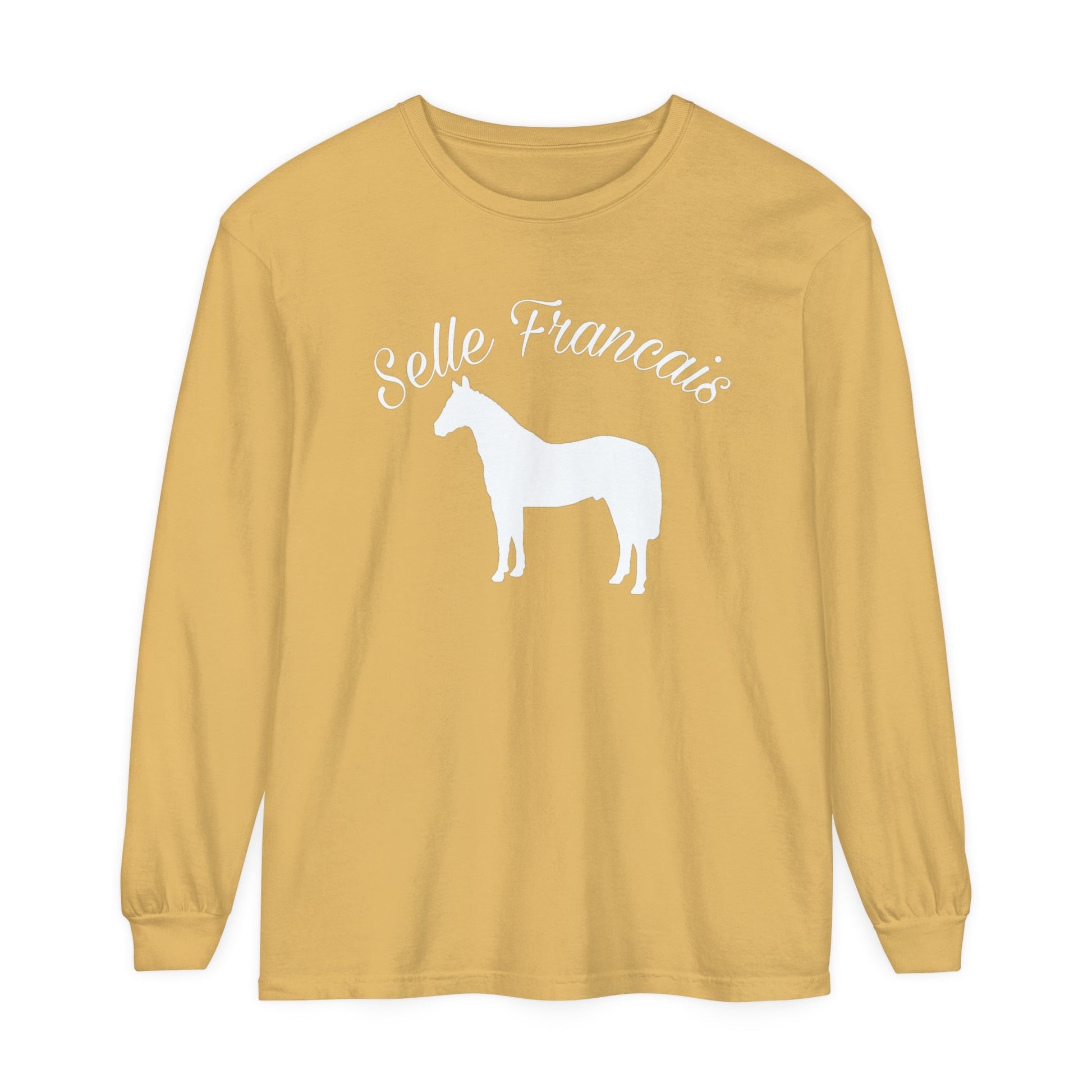 Unisex Horse T-Shirt-Garment-dyed-Long Sleeve-All Cotton-SELLE FRANCIAS WARMBLOOD HORSES - BrazenEmblazon