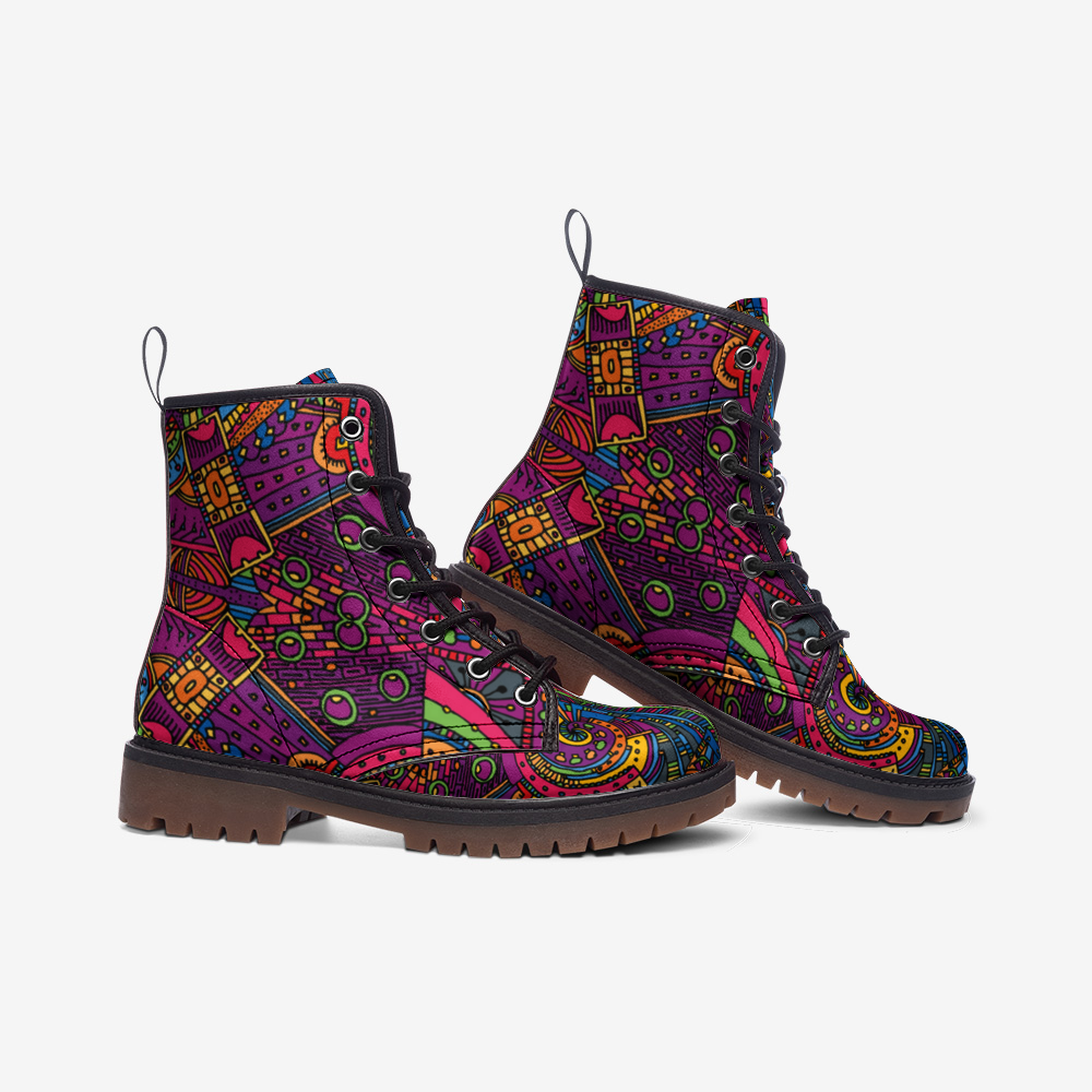 Boots-Lace Up-Casual-Faux Leather-Lightweight-Handkerchief Paisley-Burgundy-Pink