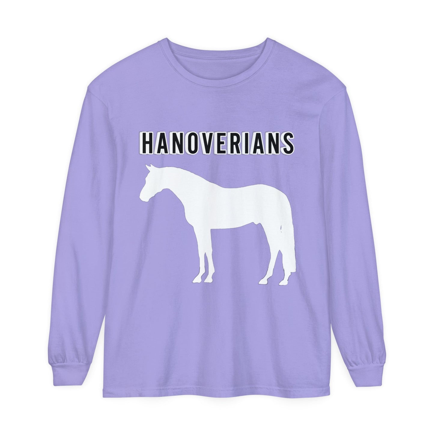 Unisex Horse T-Shirt-Garment-dyed-Long Sleeve-All Cotton-HANOVERIAN WARMBLOOD HORSES - BrazenEmblazon