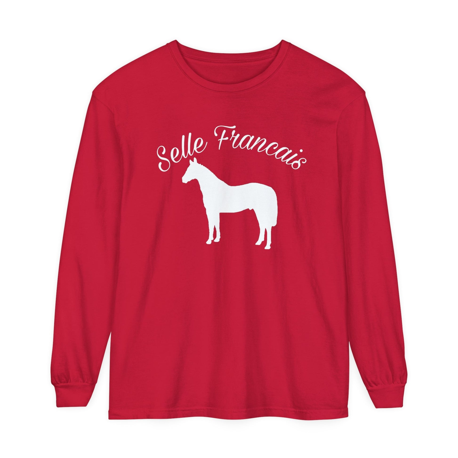 Unisex Horse T-Shirt-Garment-dyed-Long Sleeve-All Cotton-SELLE FRANCIAS WARMBLOOD HORSES - BrazenEmblazon