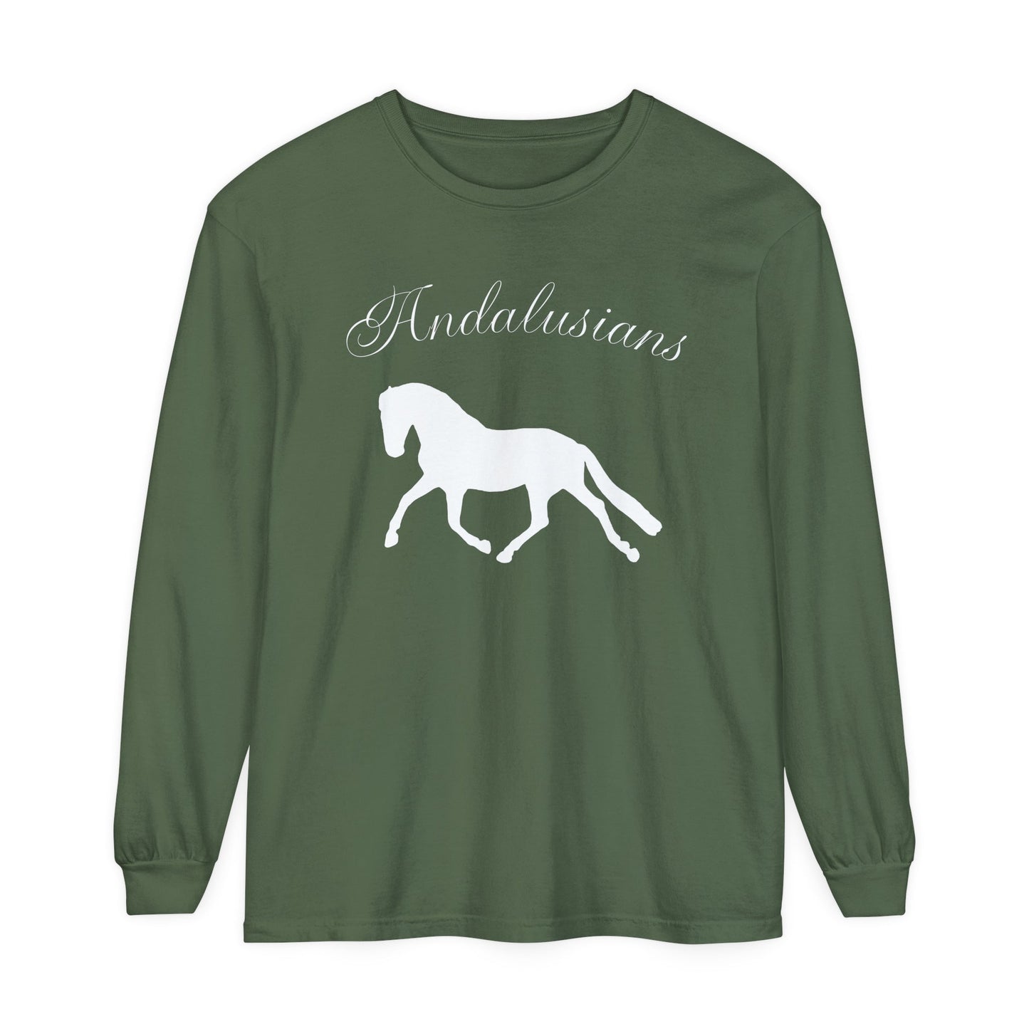 Unisex Horse T-Shirt-Garment-dyed-Long Sleeve-All Cotton-ANDALUSIANS - BrazenEmblazon