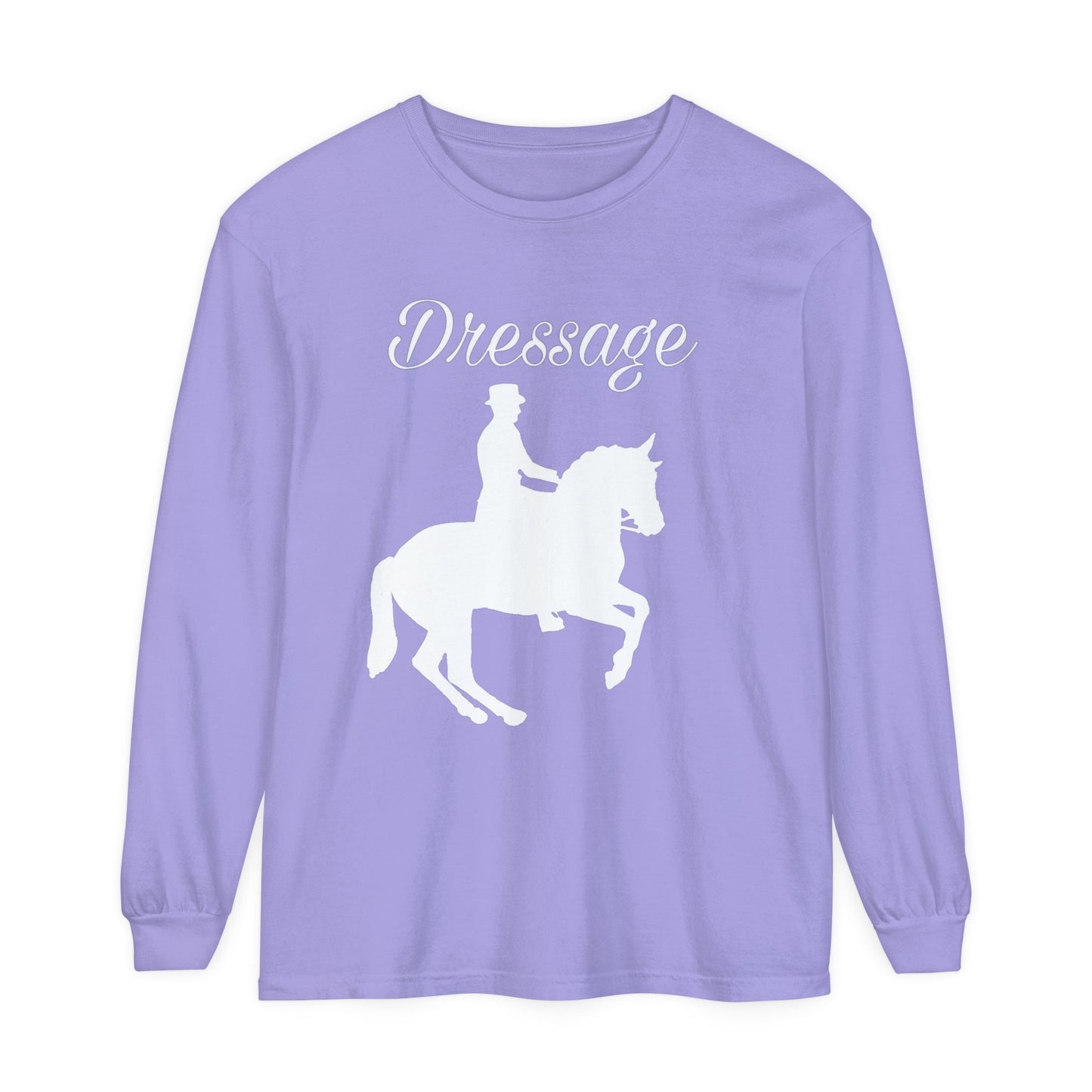 Unisex Horse T-Shirt-Garment-dyed-Long Sleeve-All Cotton-DRESSAGE - BrazenEmblazon