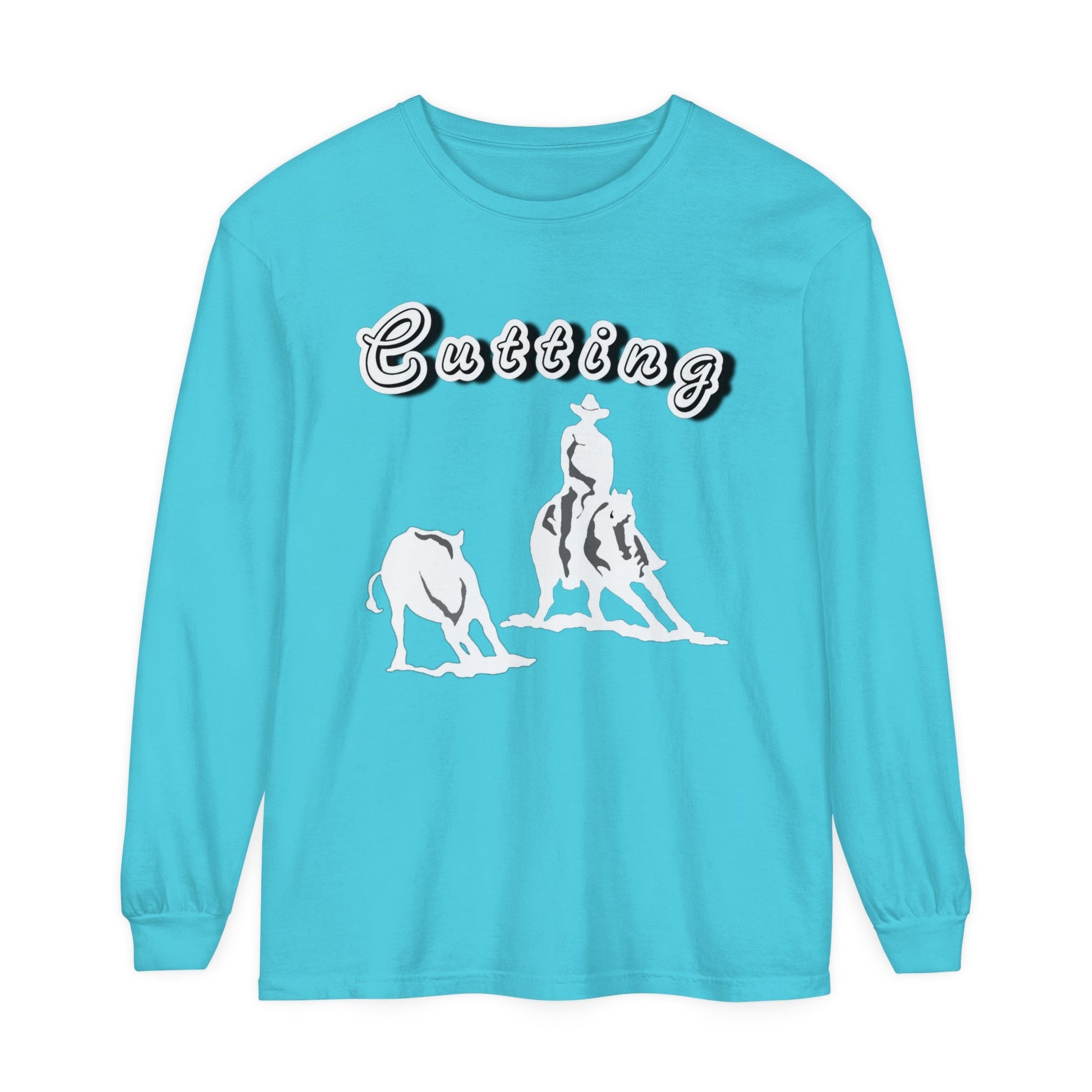 Unisex Horse T-Shirt-Garment-dyed-Long Sleeve-All Cotton-CUTTING HORSES - BrazenEmblazon