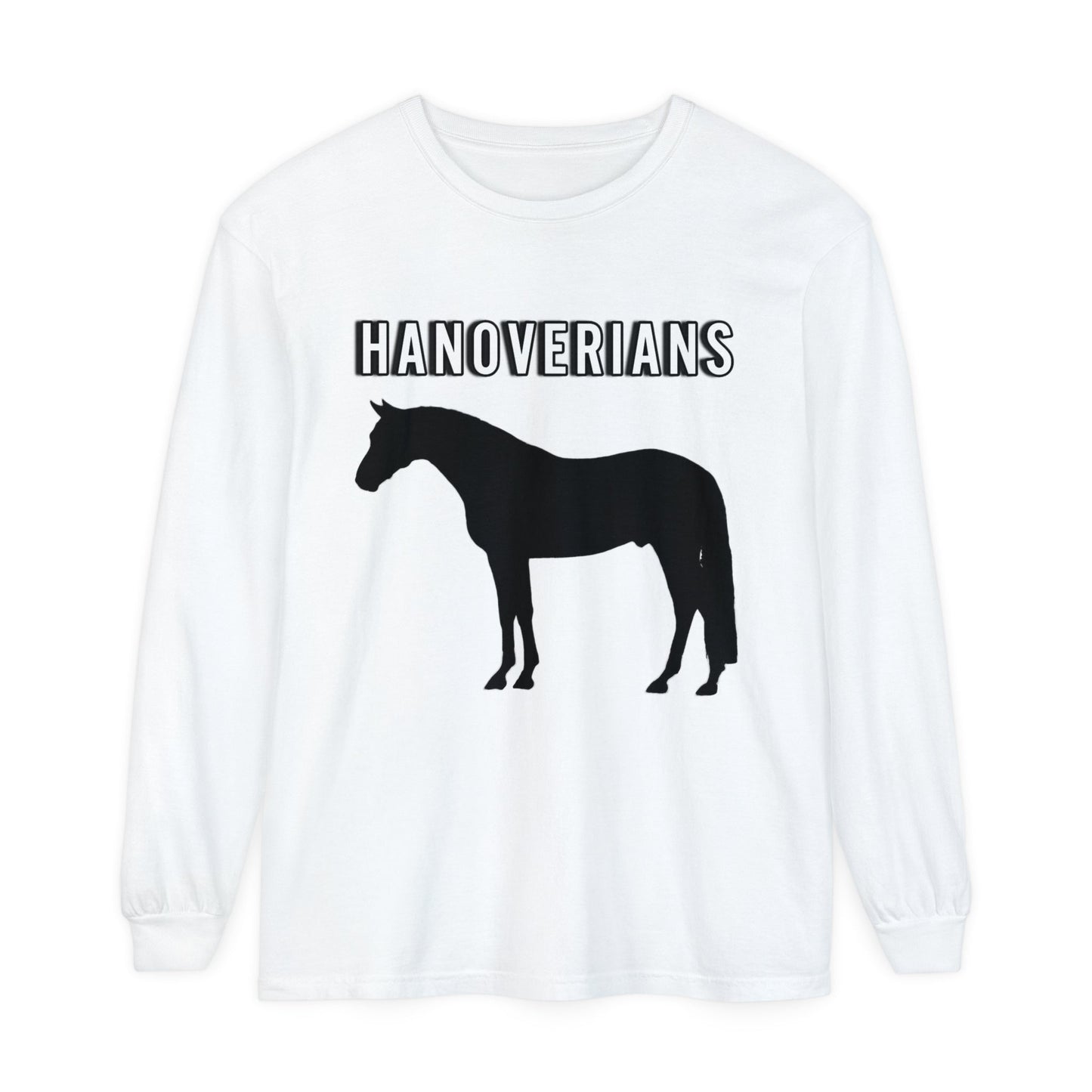 Unisex Horse T-Shirt-Garment-dyed-Long Sleeve-All Cotton-HANOVERIAN WARMBLOOD HORSES - BrazenEmblazon