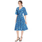 S5000 Dress-Midi-Butterfly Short Sleeve-Shirred High Waist-A Line-Blue Floral