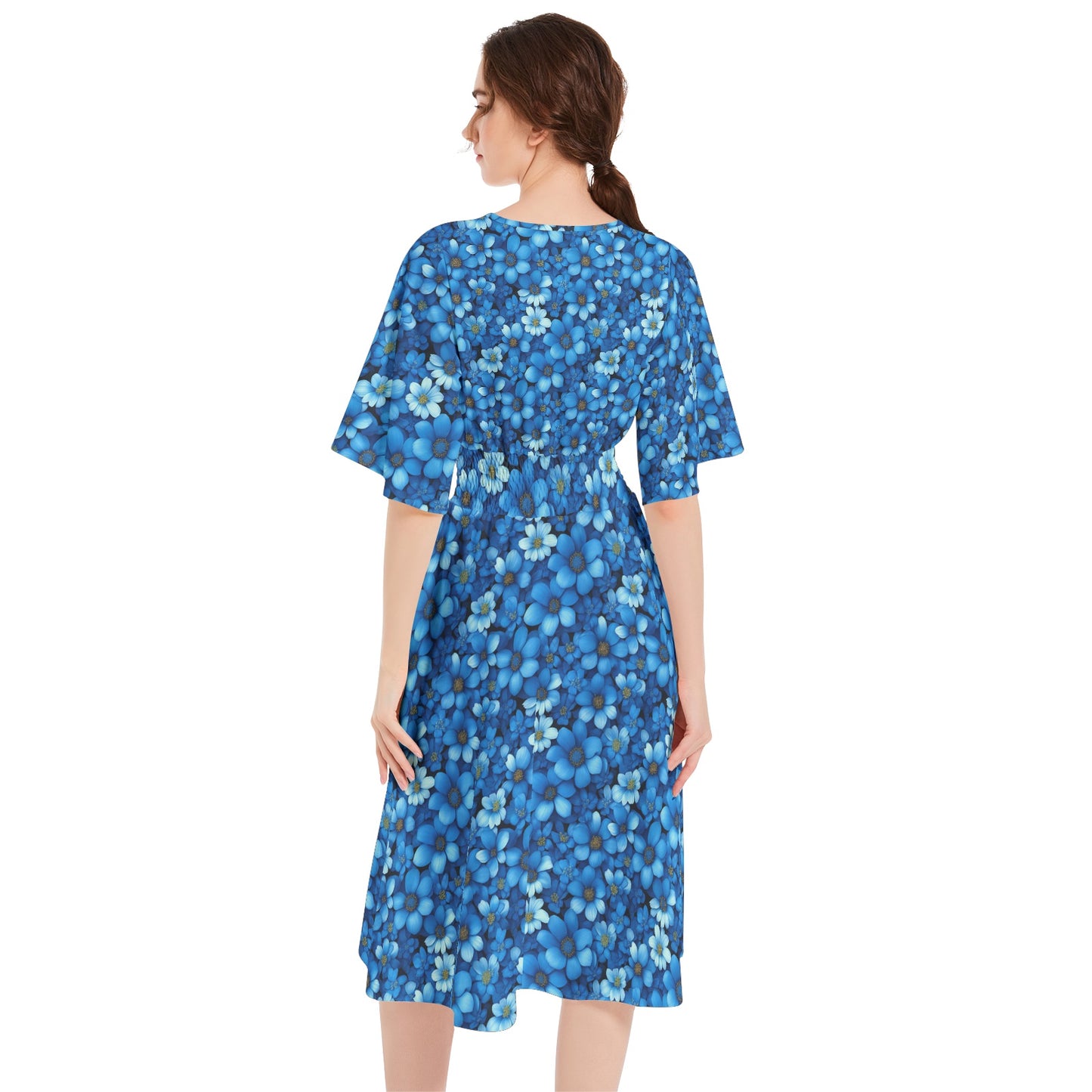 S5000 Dress-Midi-Butterfly Short Sleeve-Shirred High Waist-A Line-Blue Floral