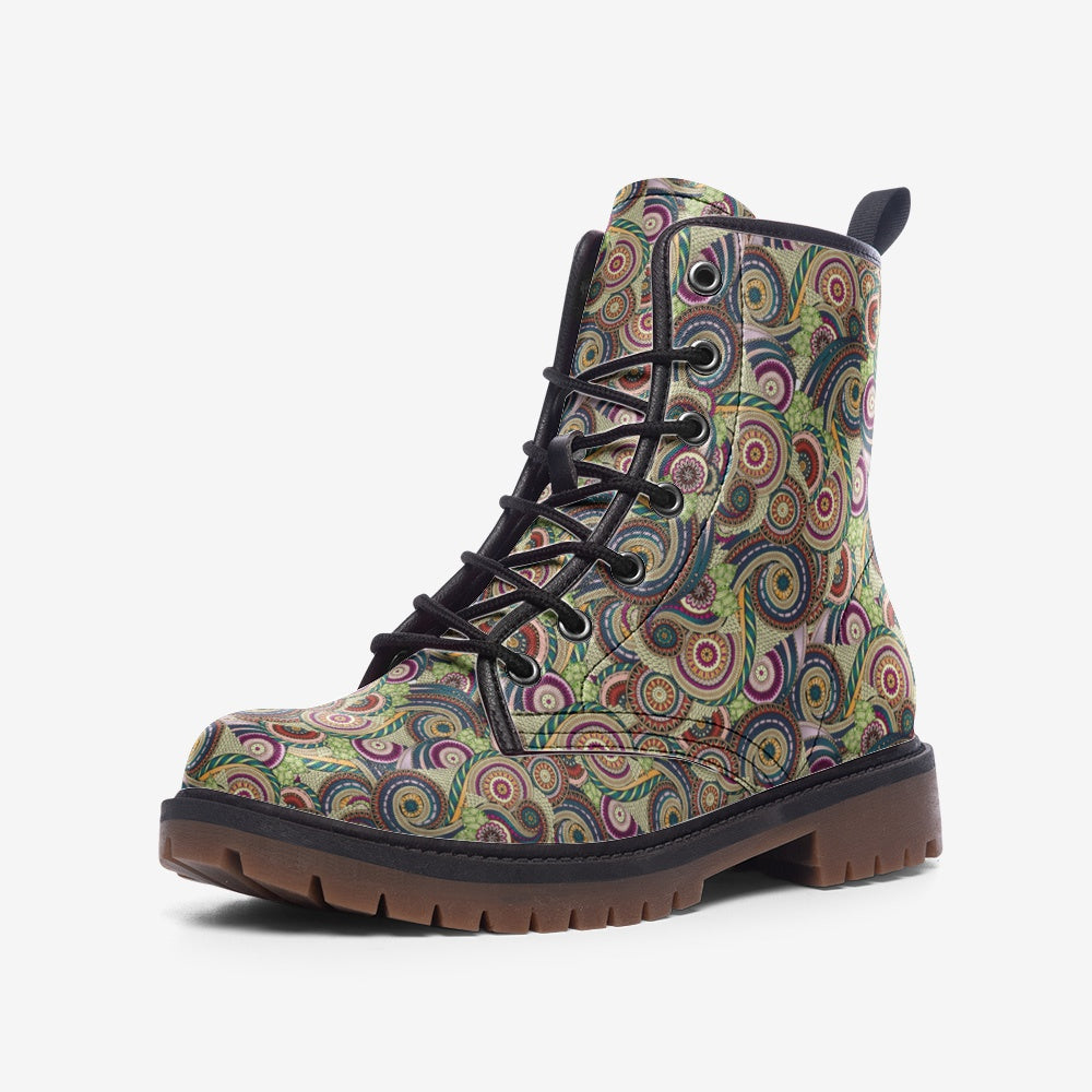 Boots-Lace Up-Casual-Faux Leather-Lightweight-Paisley-Green