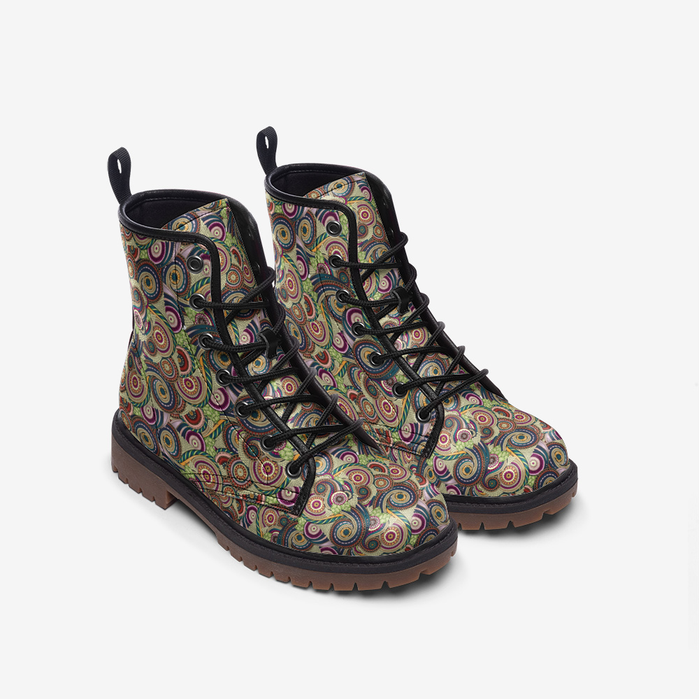 Boots-Lace Up-Casual-Faux Leather-Lightweight-Paisley-Green