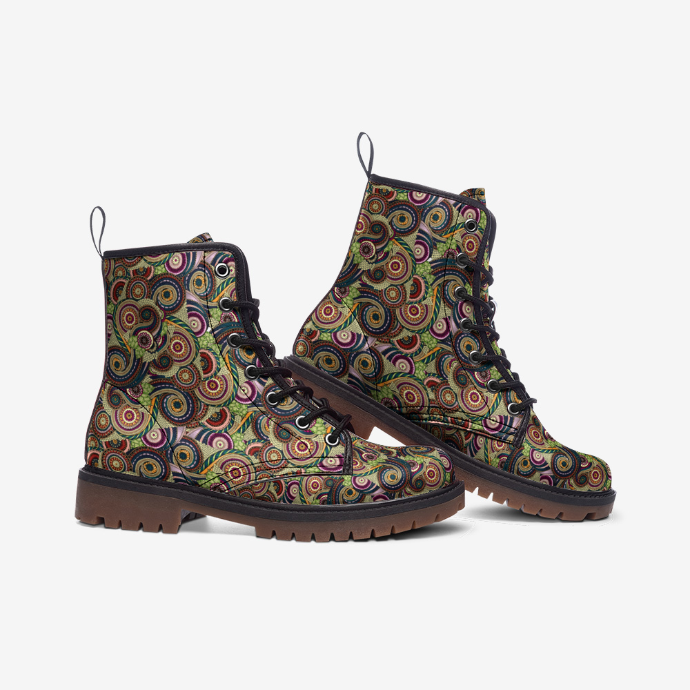 Boots-Lace Up-Casual-Faux Leather-Lightweight-Paisley-Green