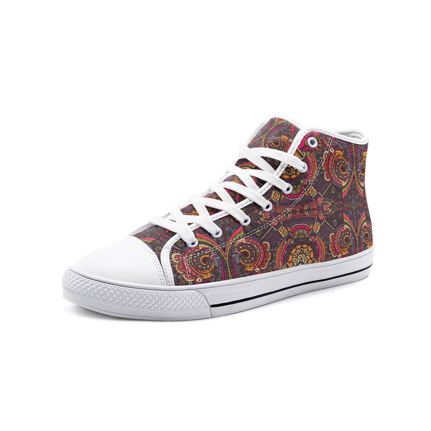 High Top Sneakers-Women-Men-Unisex-Canvas-Lace Up-Paisley-Red Brown