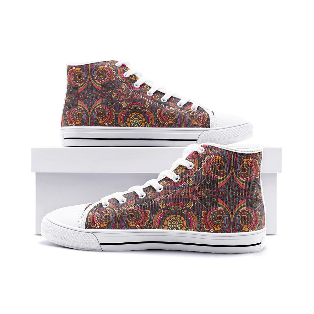 High Top Sneakers-Women-Men-Unisex-Canvas-Lace Up-Paisley-Red Brown