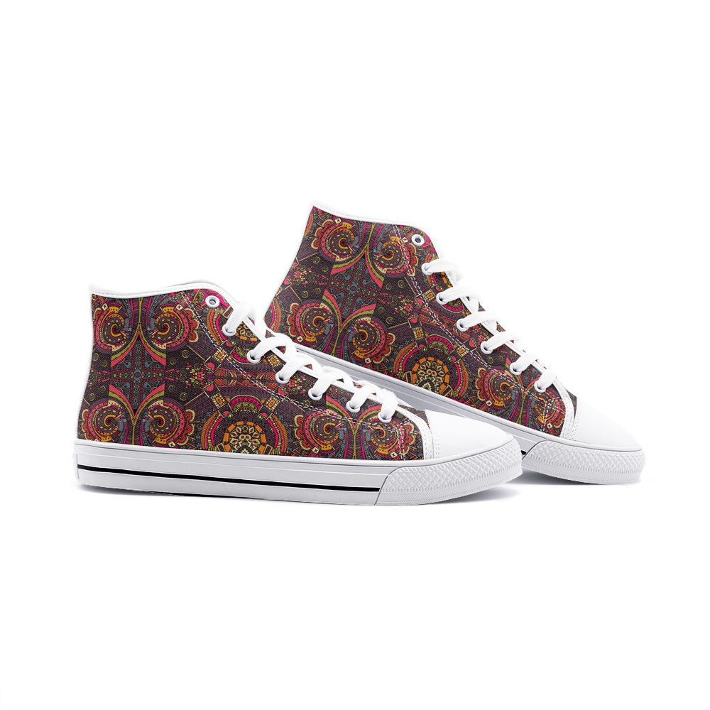 High Top Sneakers-Women-Men-Unisex-Canvas-Lace Up-Paisley-Red Brown