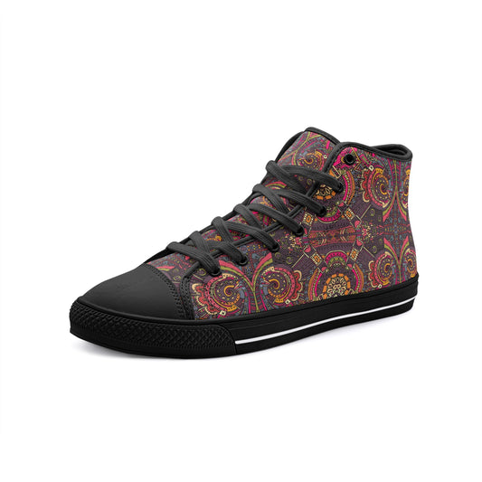 High Top Sneakers-Women-Men-Unisex-Canvas-Lace Up-Paisley-Red Brown