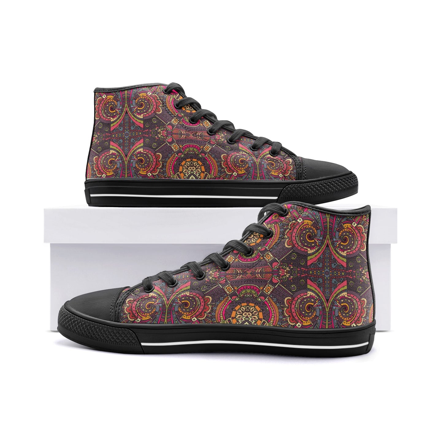 High Top Sneakers-Women-Men-Unisex-Canvas-Lace Up-Paisley-Red Brown