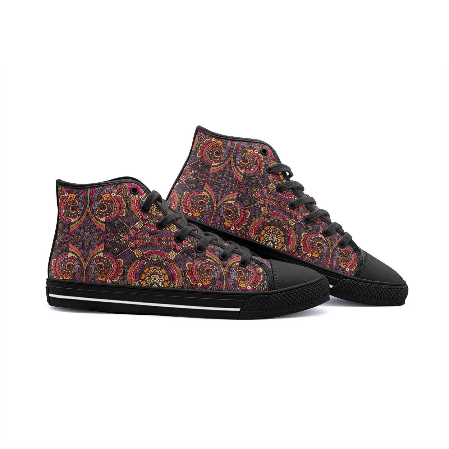 High Top Sneakers-Women-Men-Unisex-Canvas-Lace Up-Paisley-Red Brown